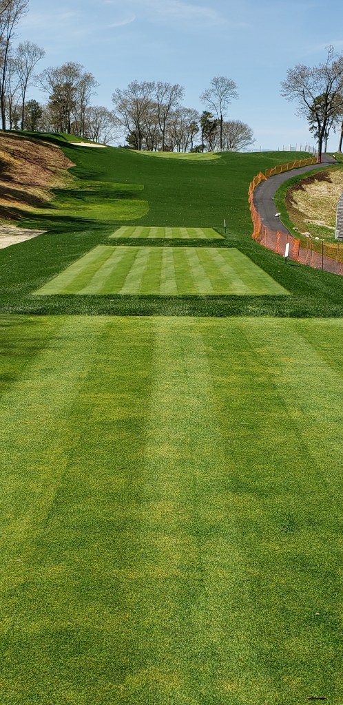 Golf course fairway viewed from the tee box with lush green turf